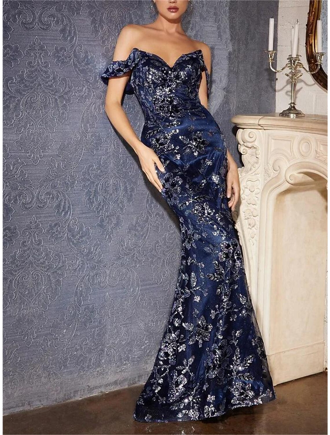 Wholesale Mermaid / Trumpet Prom Dresses Party Dress Carnival Prom Court Train Sleeveless Off Shoulder Tulle with Glitter Sequin Slit